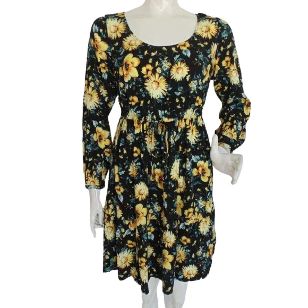 TORRID Mini Dress, 0/12, Black/Yellow Floral, Long sleeves, Scoop neck, Rayon